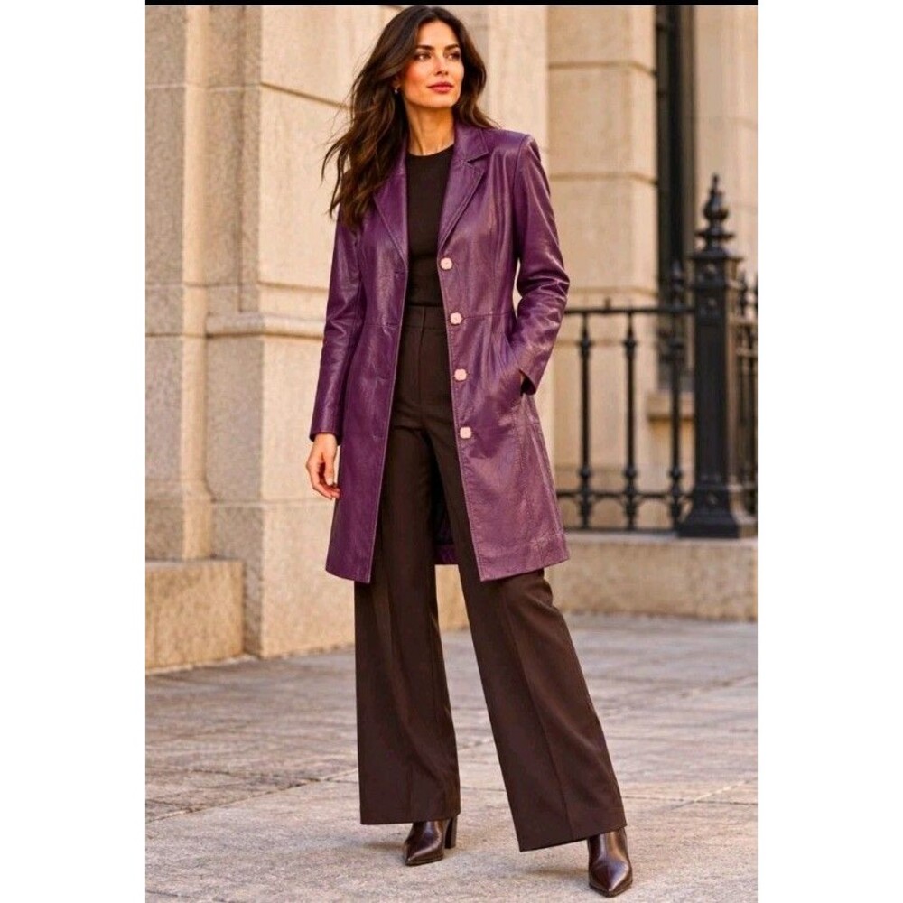 Metrostyle 12T Vintage Y2K Plum Purple Genuine Leather Long Blazer Coat
